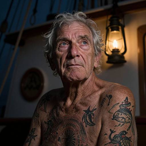 Photograph of an elderly, shirtless man with white hair, numerous tattoos, and a serious expression, standing under a lit lantern in a dimly