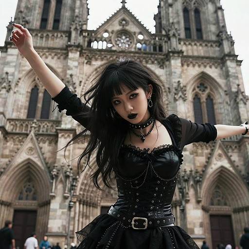 Gothic anime girl with black lipstick, long hair, and black dress, poses dramatically in front of a grand Gothic cathedral. Digital art.