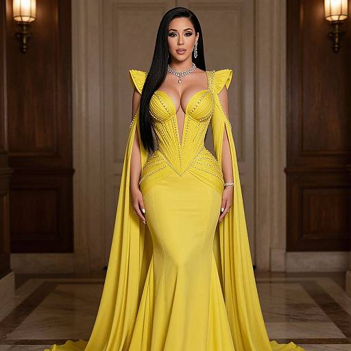 Photograph of a woman with long black hair in a fitted, yellow gown with dramatic shoulders and a deep neckline, standing in an elegant room with wooden