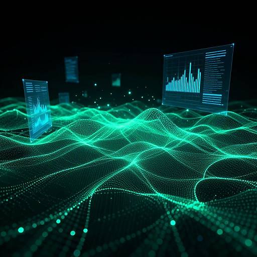 Digital CGI of a neon green, grid-like network with glowing dots, featuring floating blue graphs and charts against a dark background.