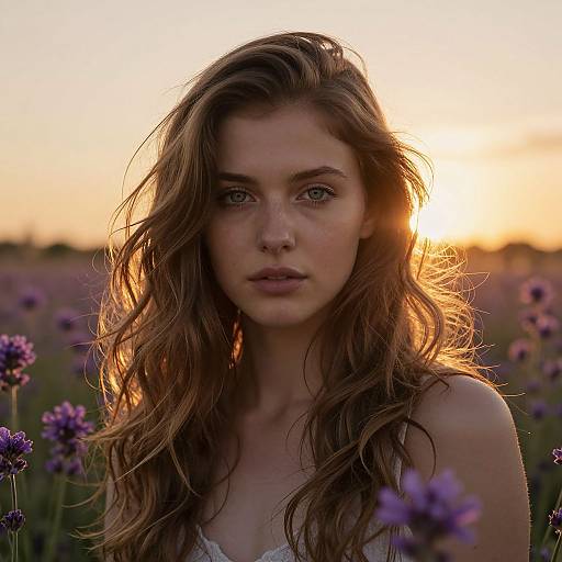 Photograph of a young woman with long, wavy brown hair, light skin, and green eyes, standing in a sunlit field of purple flowers