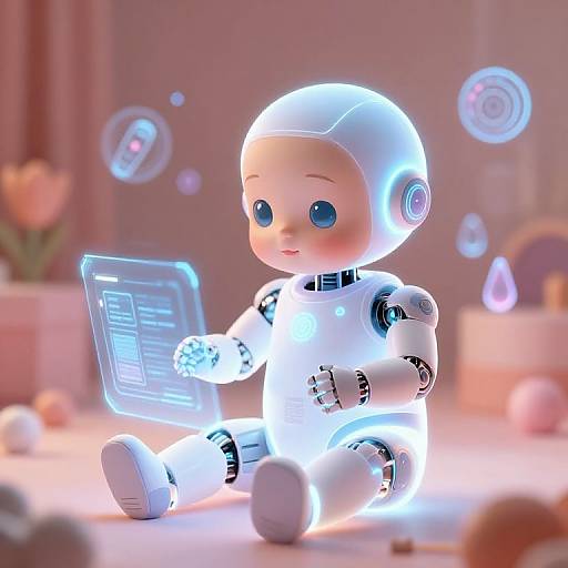 CGI image of a cute, glowing white robotic baby with blue eyes, sitting and using a holographic tablet in a soft pink, futuristic room.