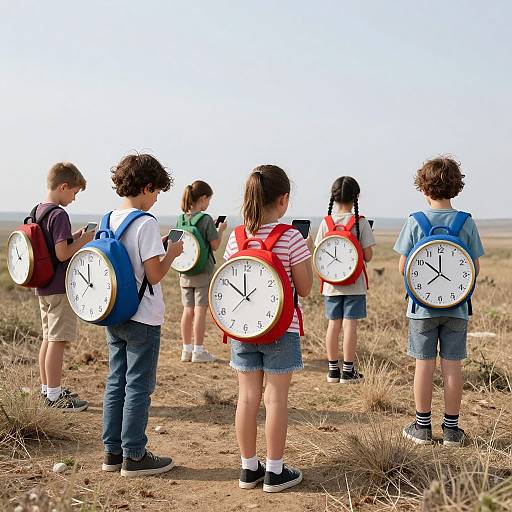 Photograph of six children with oversized clock backpacks standing in a dry, grassy field, facing away, under a clear blue sky.