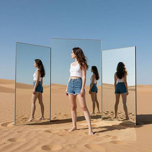Photograph of a woman with long brown hair, wearing a white tank top and blue denim shorts, standing barefoot in a desert, reflected in three
