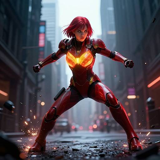 Digital artwork of a fierce, red-haired woman in a red, glowing, Iron Man-style suit, standing in a dark, urban alleyway with sparks