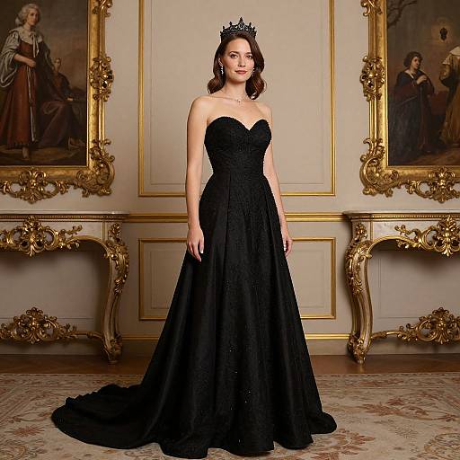 Photograph of a fair-skinned woman with dark brown hair wearing a black strapless gown, crown, and earrings, standing in an ornate,