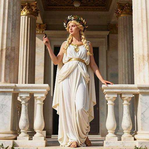 Blonde Greek Goddess on Temple Balcony