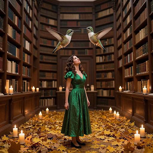 Photograph-style digital art: Curly-haired woman in green dress gazes up at hovering hummingbirds, surrounded by autumn leaves and candles in a library