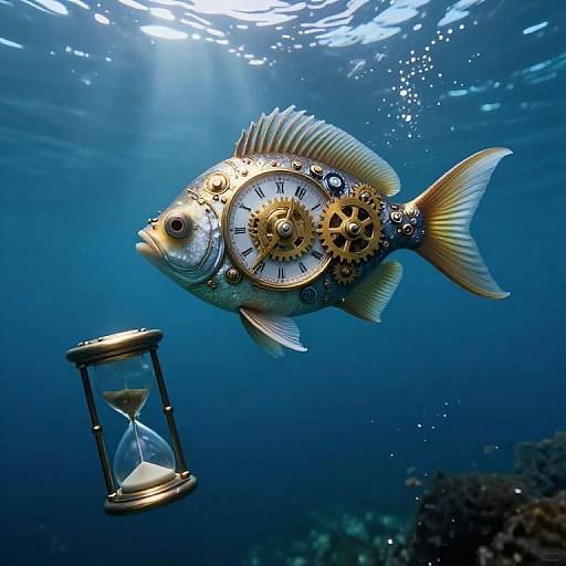 Photograph of a steampunk fish with gears and clock on its side, swimming underwater beside a golden hourglass, surrounded by blue ocean light.