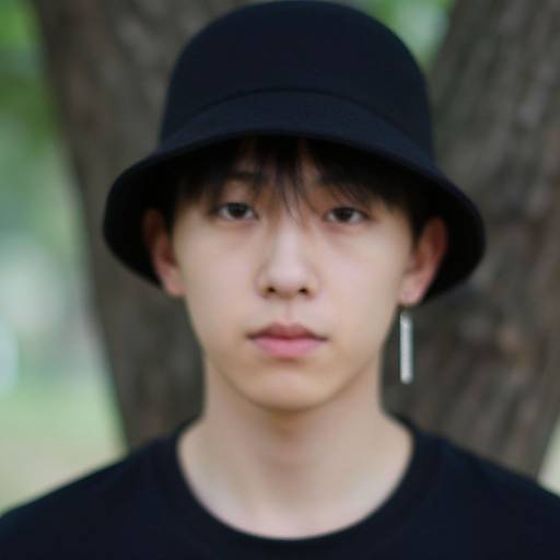 Photograph of an Asian male with pale skin, straight black hair, wearing a black hat and black shirt, standing against a blurred tree background.
