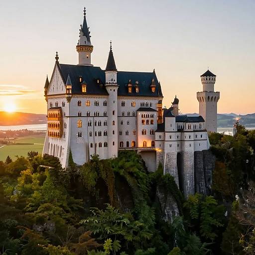 Photograph of Neuschwanstein Castle at sunset, with warm orange and yellow sky, surrounded by lush green trees, and tall stone towers.
