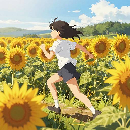 Anime Girl Sprinting Through Sunflowers
