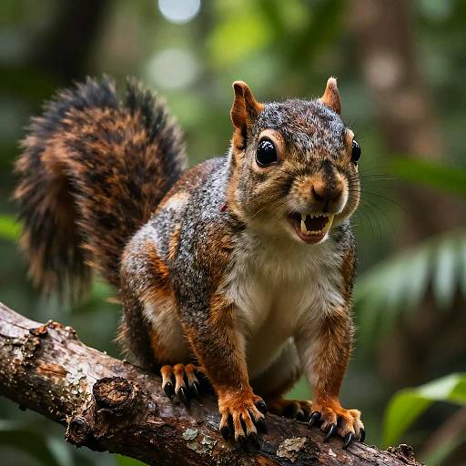 Photograph of a small, brown and gray squirrel with a bushy tail, standing on a textured branch, mouth open, in a lush, green