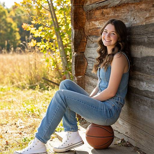 Smiling Woman by Rustic Cabin in Autumn