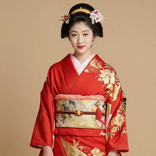 Elegant Female in Red Gold Kimono