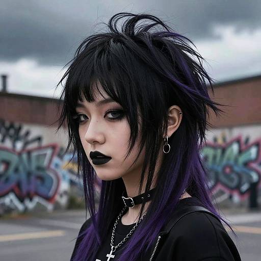 Photograph of a pale-skinned, Asian woman with black, spiky, purple-dyed hair, dark lipstick, black eyeliner, and