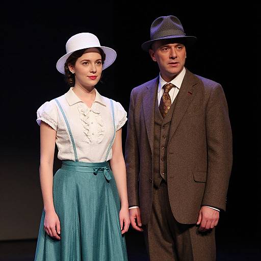 Photograph of a 1940s-style couple on stage; woman in white blouse, blue skirt, white hat, and red lips; man in
