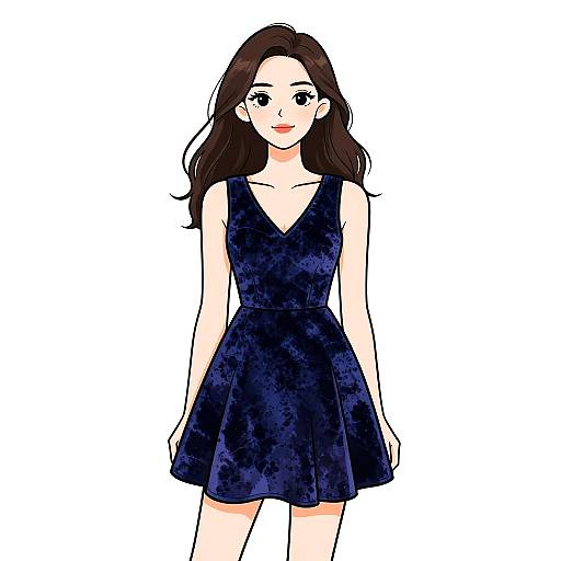 Digital illustration of a fair-skinned woman with long brown hair, wearing a sleeveless, navy blue, V-neck dress, standing against a white background