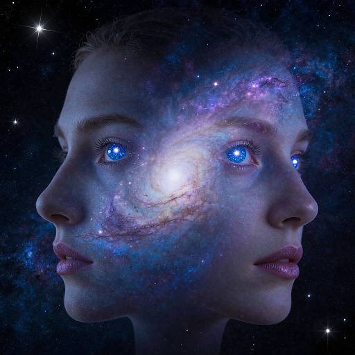 Digital artwork of a woman's face with glowing blue eyes, cosmic galaxy patterns on her forehead and nose, set against a starry black background.