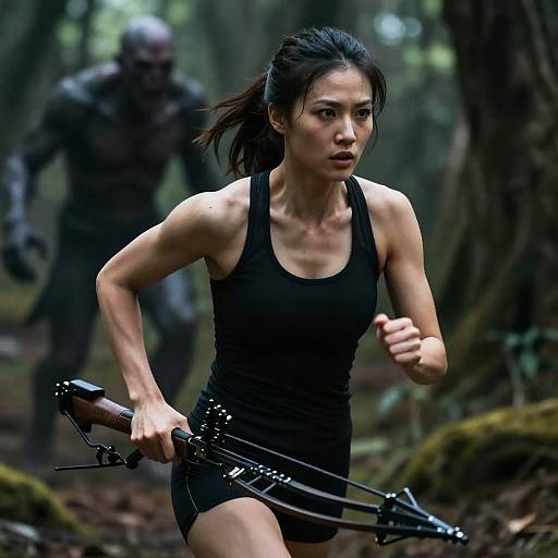 Photograph: East Asian woman in black tank top and shorts, running through forest, holding compound bow, with blurred, menacing figure behind her.
