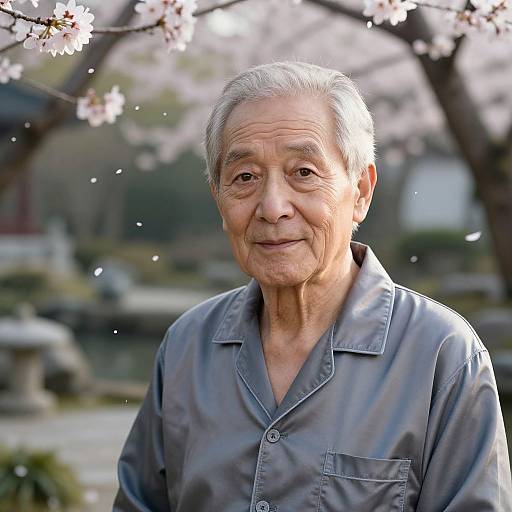 Photograph of an elderly Asian man with gray hair, wearing a gray button-down shirt, standing in a cherry blossom garden.