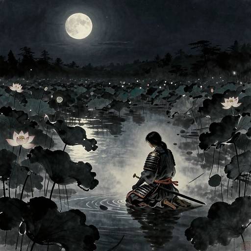 Digital artwork of a samurai kneeling in a moonlit pond, surrounded by lily pads and lotus flowers, holding a sword. Full moon illumin