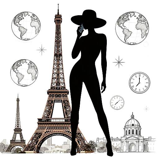 Silhouette of a woman in a wide-brimmed hat standing in front of a detailed Eiffel Tower, with globes and a clock in