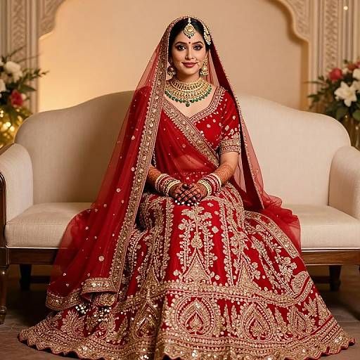 Photograph of an Indian bride in a red, gold-embroidered saree with a sheer veil, seated on a white couch, adorned with