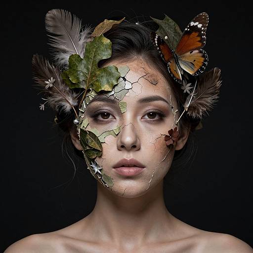Photograph of a young woman with a cracked face, adorned with leaves, feathers, and a butterfly, against a black background.