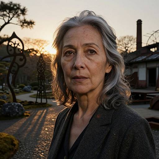 Photograph of an elderly woman with gray hair, wearing a dark jacket, standing outdoors at sunset, with a garden and lanterns in the background.