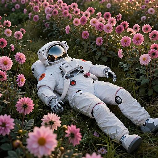 Photograph of an astronaut in a white spacesuit with a reflective helmet lying in a field of vibrant pink daisies.