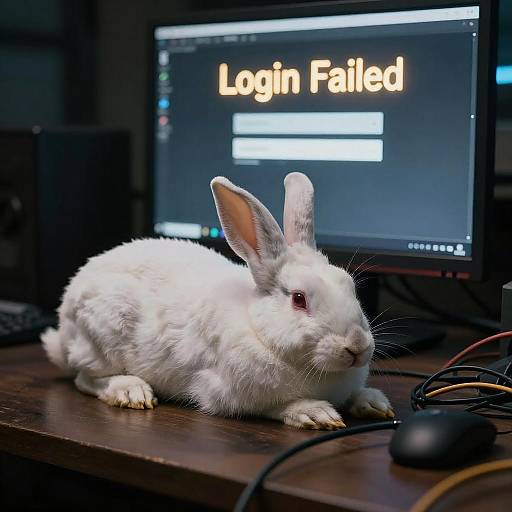 Photograph of a white rabbit with pink eyes sitting on a wooden desk, in front of a computer screen displaying 