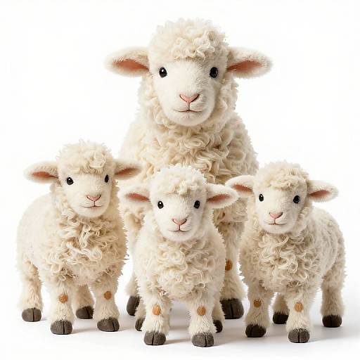 Photograph of four cute, fluffy, white toy lambs with black ears, noses, and hooves, standing closely together against a white background.