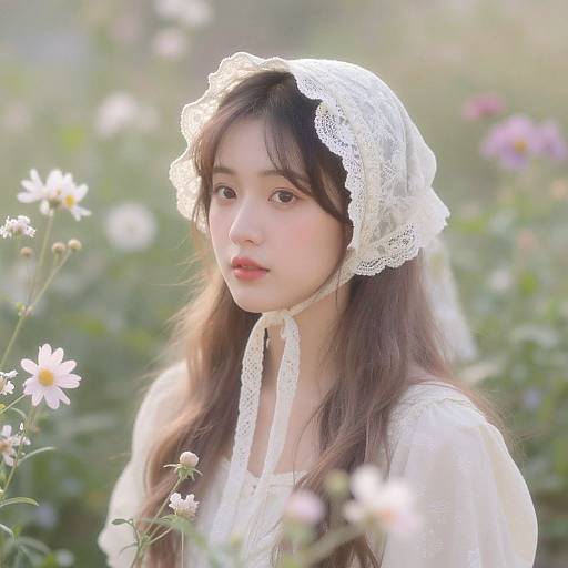 Photograph of an Asian woman with long brown hair, wearing a white lace veil and dress, surrounded by blooming daisies in a sunlit