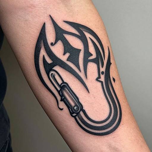 Photograph of a black tribal tattoo on a forearm featuring a stylized sword with a handle, set against light skin.