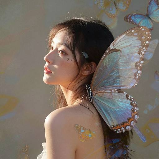 Photograph of an Asian woman with long black hair, wearing large, transparent blue butterfly wings, in soft sunlight, against a blurred, beige background.