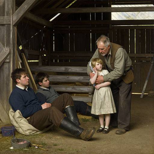 Photograph of a wooden barn: elderly man in brown vest, gray hair, holding young girl in white dress; two boys in dark sweaters,