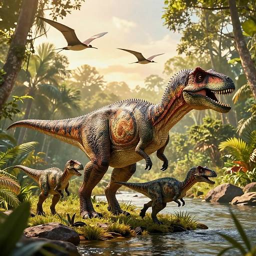 Photorealistic CGI of three dinosaurs—two smaller, one larger—standing in a sunlit, lush jungle river, with a flying pterod