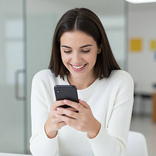 Photograph of a smiling young woman with straight black hair, wearing a white knit sweater, focused on her black smartphone in a bright, modern office setting
