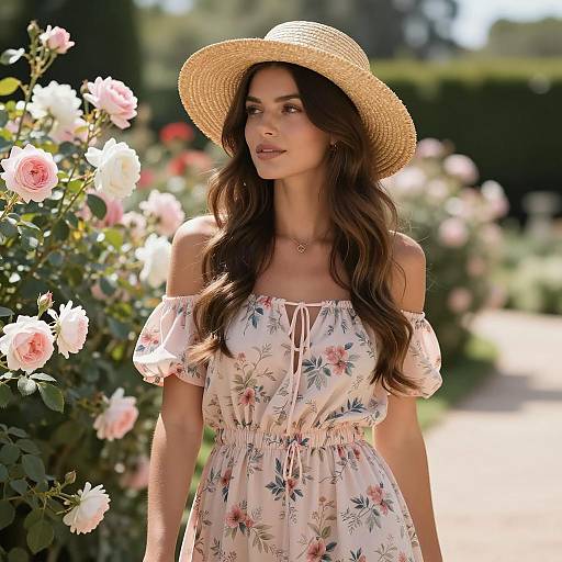 Woman in Floral Dress and Straw Hat in Rose Garden