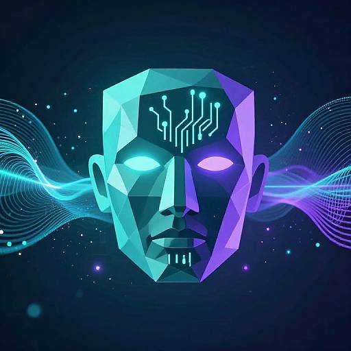 Digital art of a geometric, neon blue and purple face with glowing cybernetic eyes, circuit patterns, and wavy, light-blue waves against a