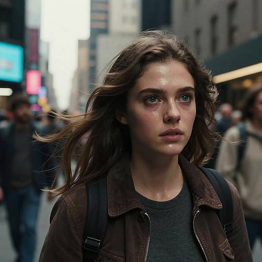 Photograph of a young woman with wet, shoulder-length brown hair, glistening skin, and intense green eyes, standing in a bustling, brightly lit