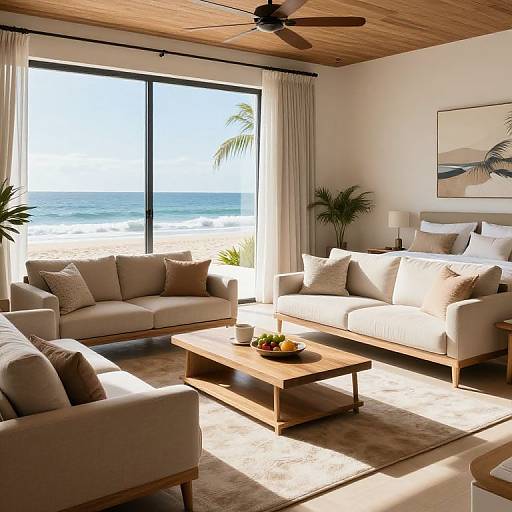Modern beachside living room photograph: beige sofas, wooden coffee table with fruit, ocean view through large window, ceiling fan, white walls, palm plants