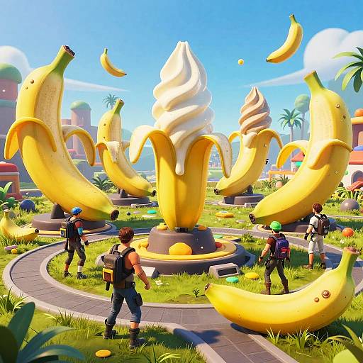 Vibrant digital artwork: Five adventurers in futuristic gear navigate a banana-themed park with giant, whimsical banana sculptures and a swirl of whipped cream under