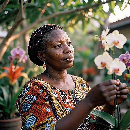 Photograph of an African woman with braided hair, wearing a colorful, patterned dress, holding a flower, surrounded by vibrant orchids in a