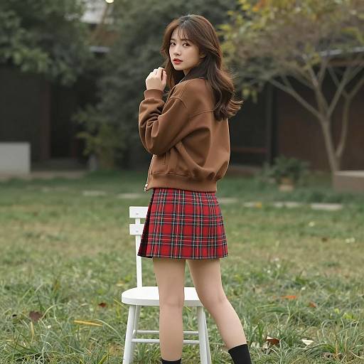Asian Woman in Brown Jacket and Red Plaid Skirt Outdoors