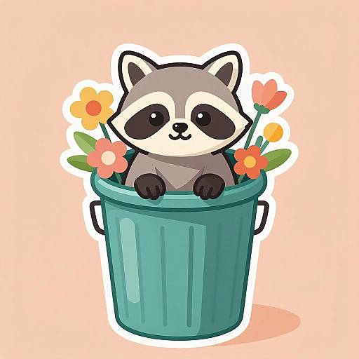 Kawaii Raccoon in Colorful Trash Can