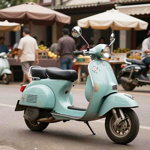 Photograph of a light blue vintage scooter parked on a street, with blurred market stalls and people in the background.