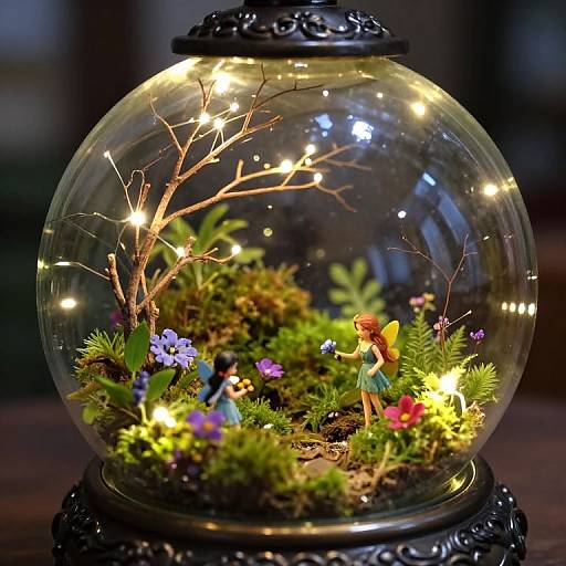 Photograph of a whimsical glass snow globe with fairy figurines, glowing fairy lights, moss, small flowers, and a illuminated tree branch.