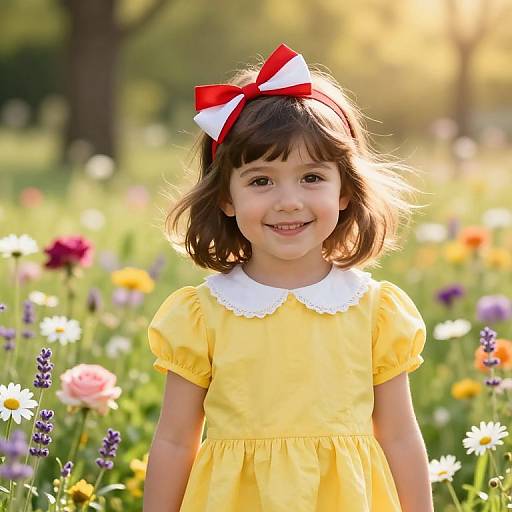 Photograph of a smiling young girl with brown hair, wearing a yellow dress with a white collar and red-white bow, standing in a sunlit,